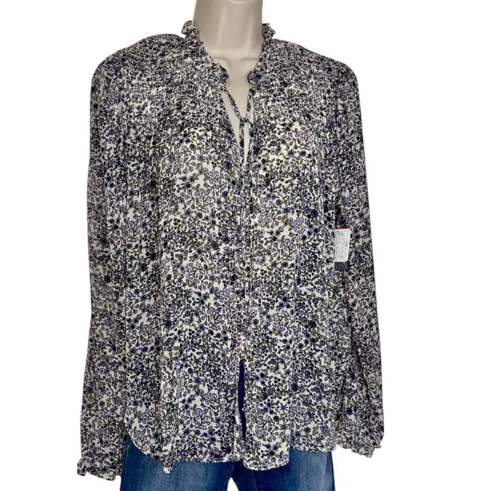 Free People Floral Smocked Blouse Size Large NEW - Picture 2 of 12